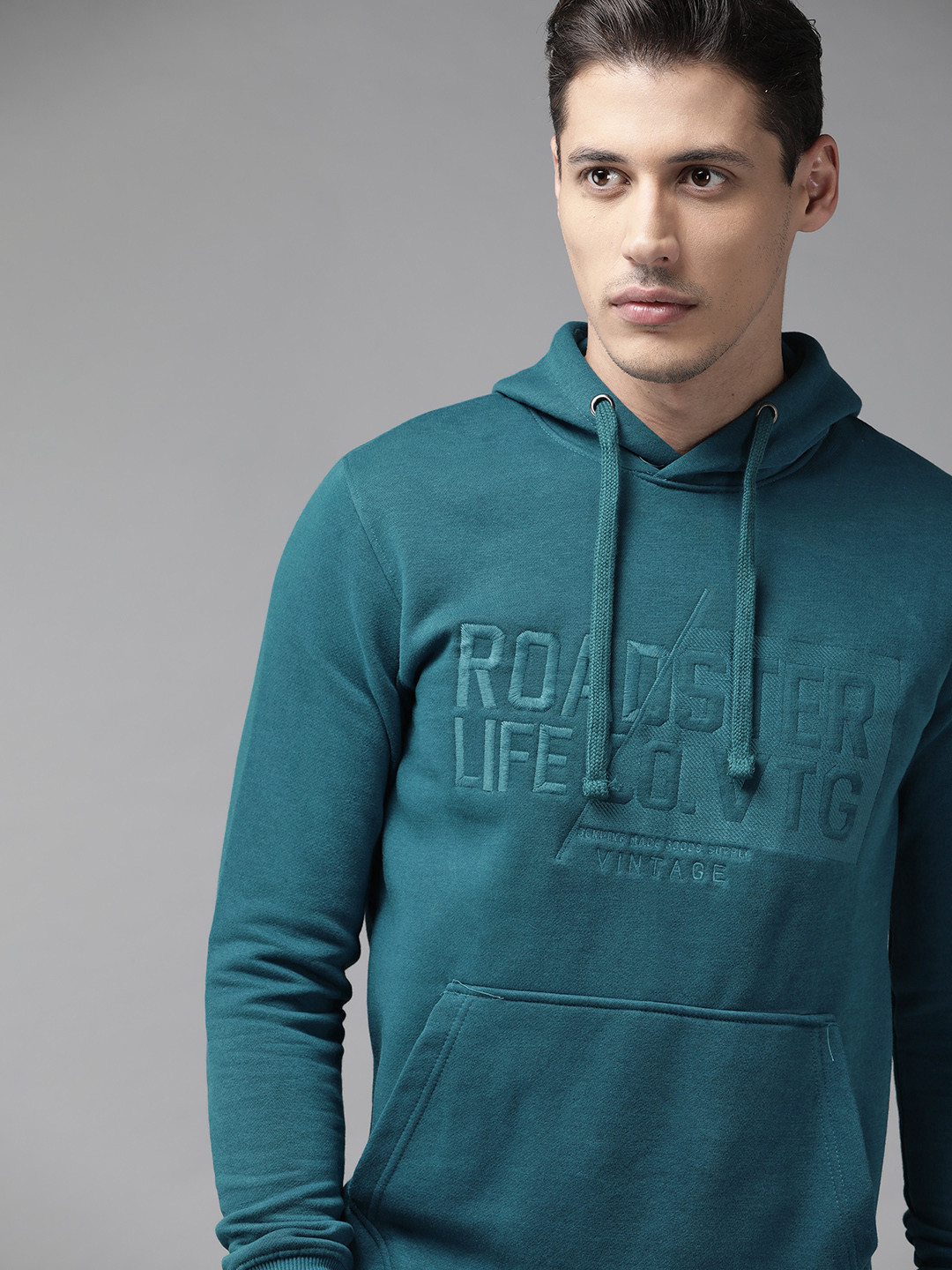 Roadster Men Teal Blue Brand Logo Embroidered Hooded Sweatshirt
