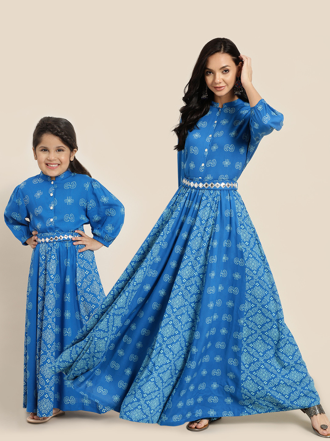 Sangria Girls Blue Printed Ready To Wear Lehenga & Blouse with Belt