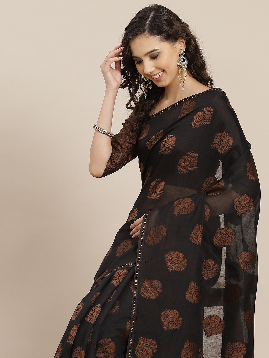 Inddus Black & Brown Ethnic Motifs Beads and Stones Chanderi Saree