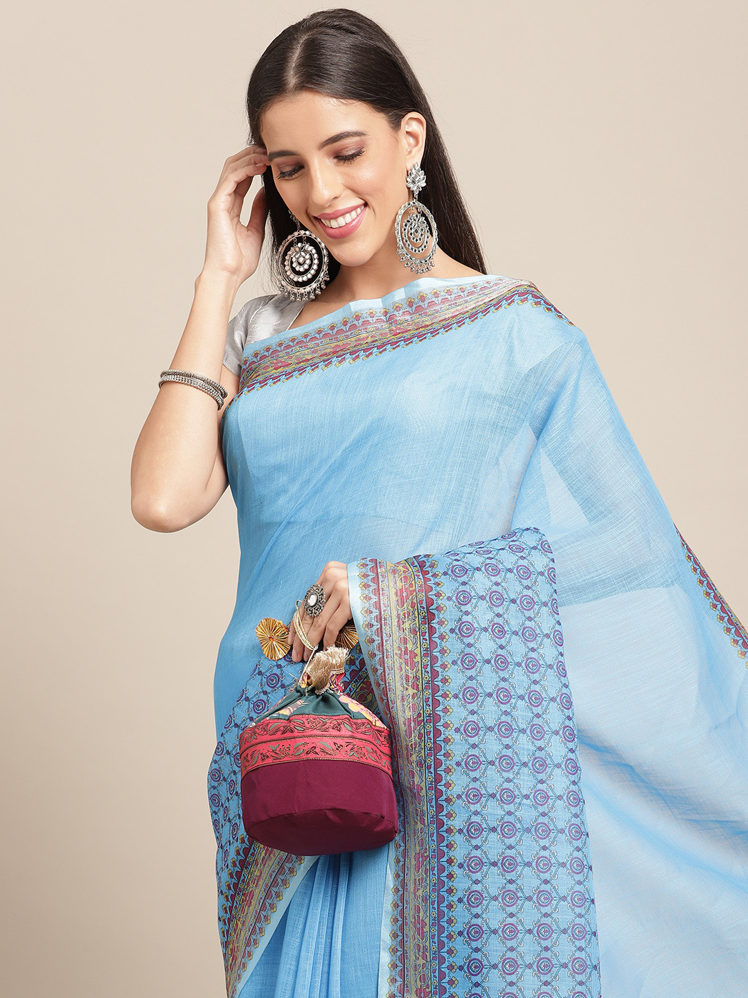 Anouk Blue & Purple Solid Linen Blend Saree