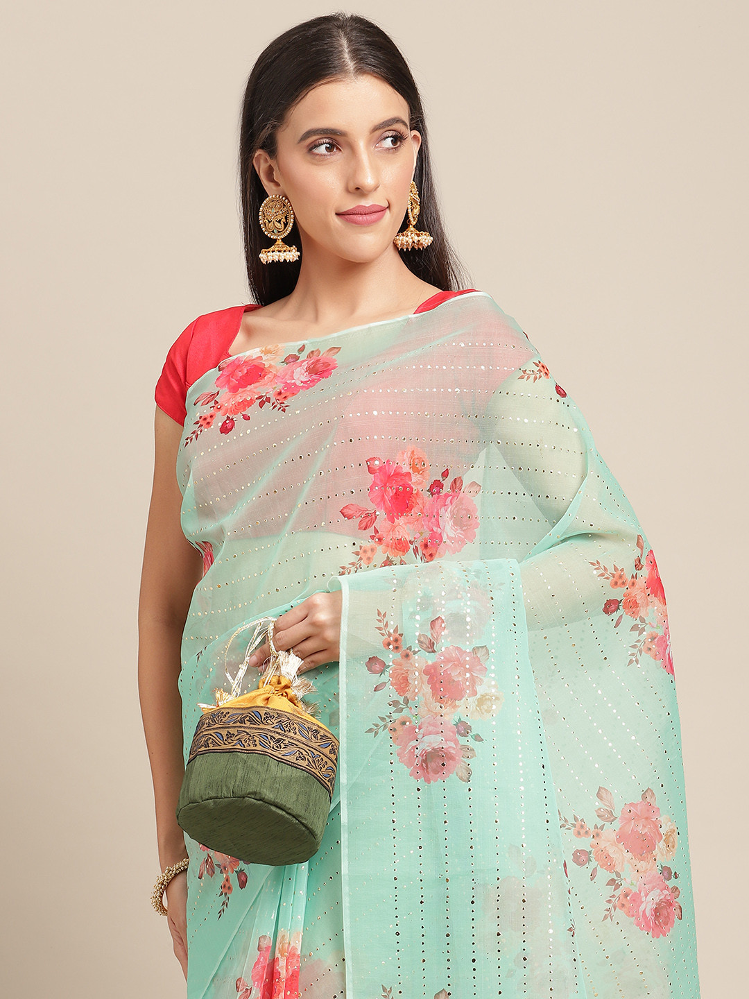 Anouk Sea Green & Pink Floral Print Organza Saree