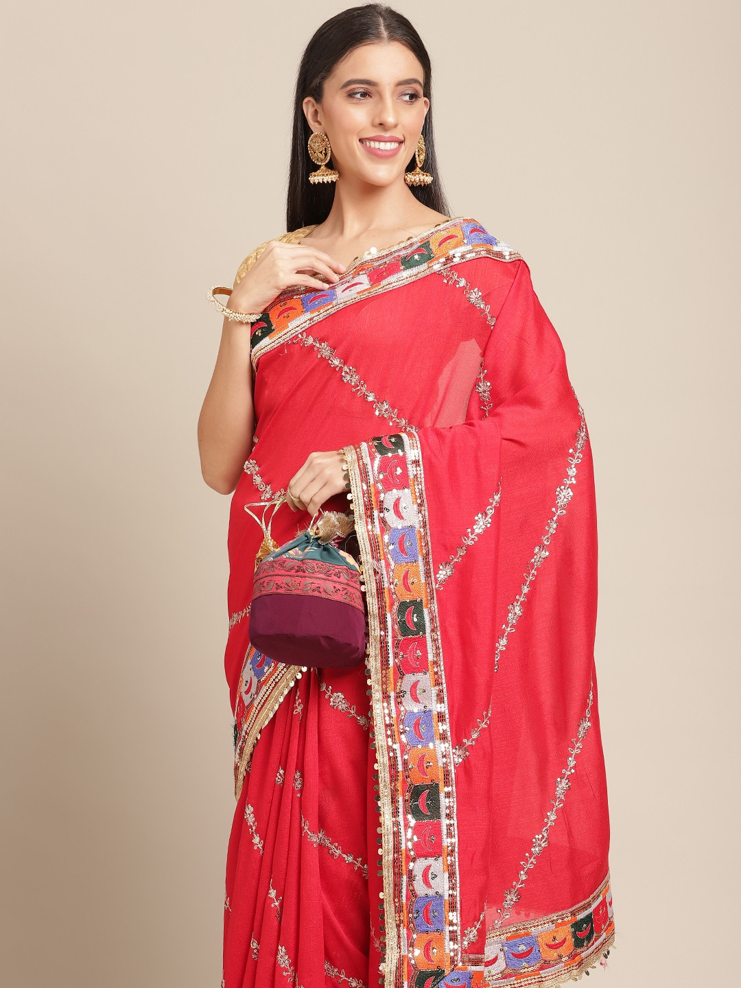 Anouk Red & Silver Striped Beads and Stones Silk Blend Saree