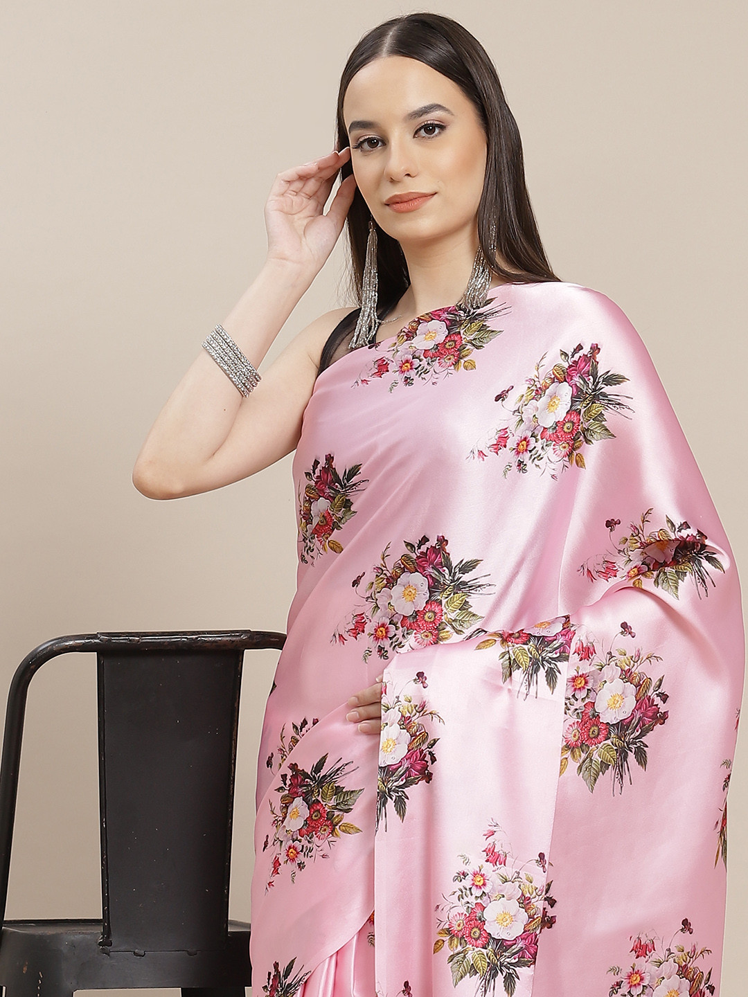 Anouk Pink & Green Floral Printed Satin Saree