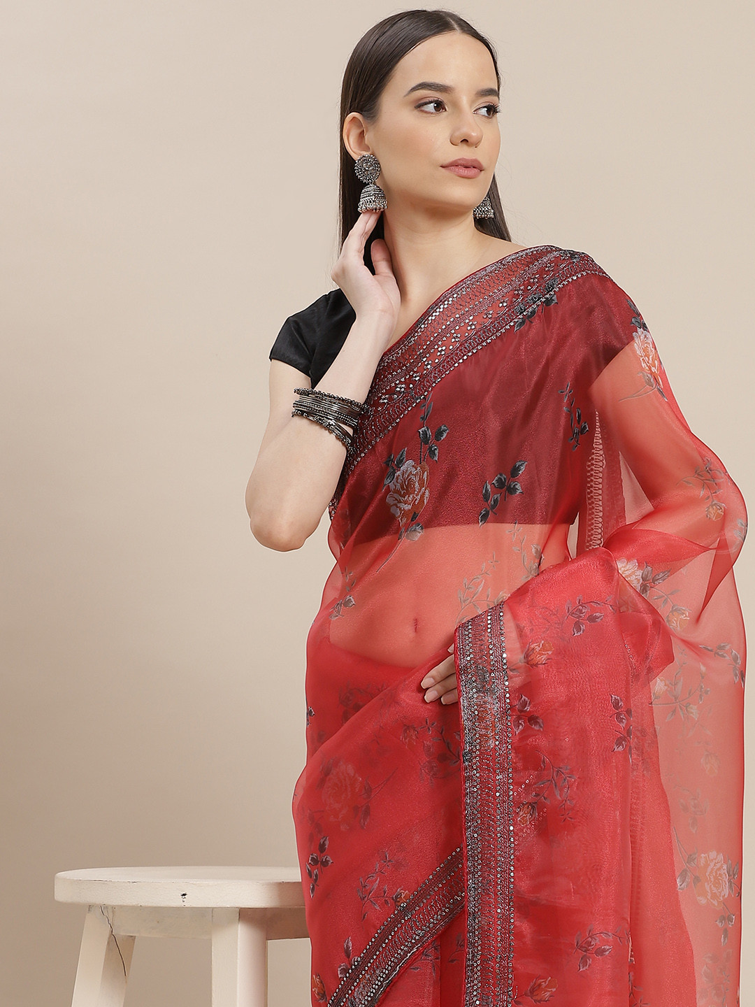 Anouk Red & Green Floral Printed Organza Saree