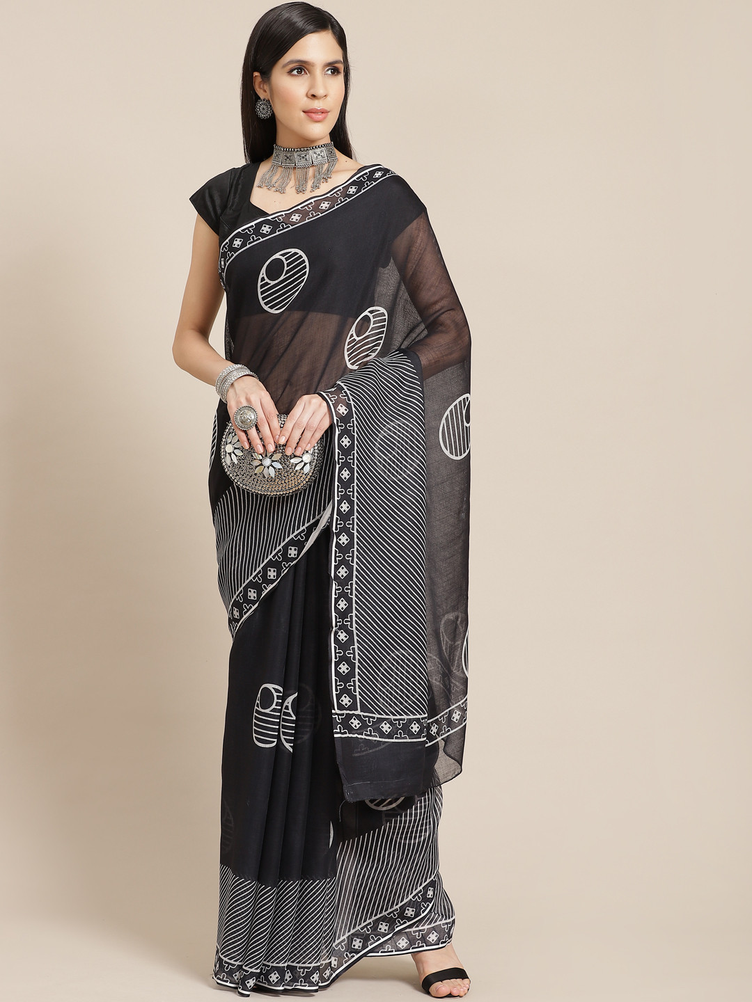 Anouk Black & White Geometric Print Saree