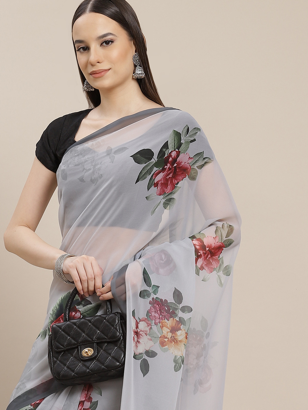Anouk Grey & Maroon Floral Print Saree