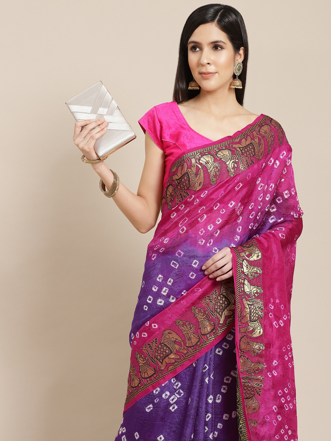 Anouk Purple & Pink Bandhani Print Saree
