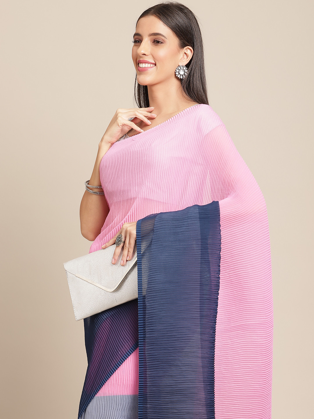 Anouk Pink & Navy Blue Pleated Colourblocked Saree