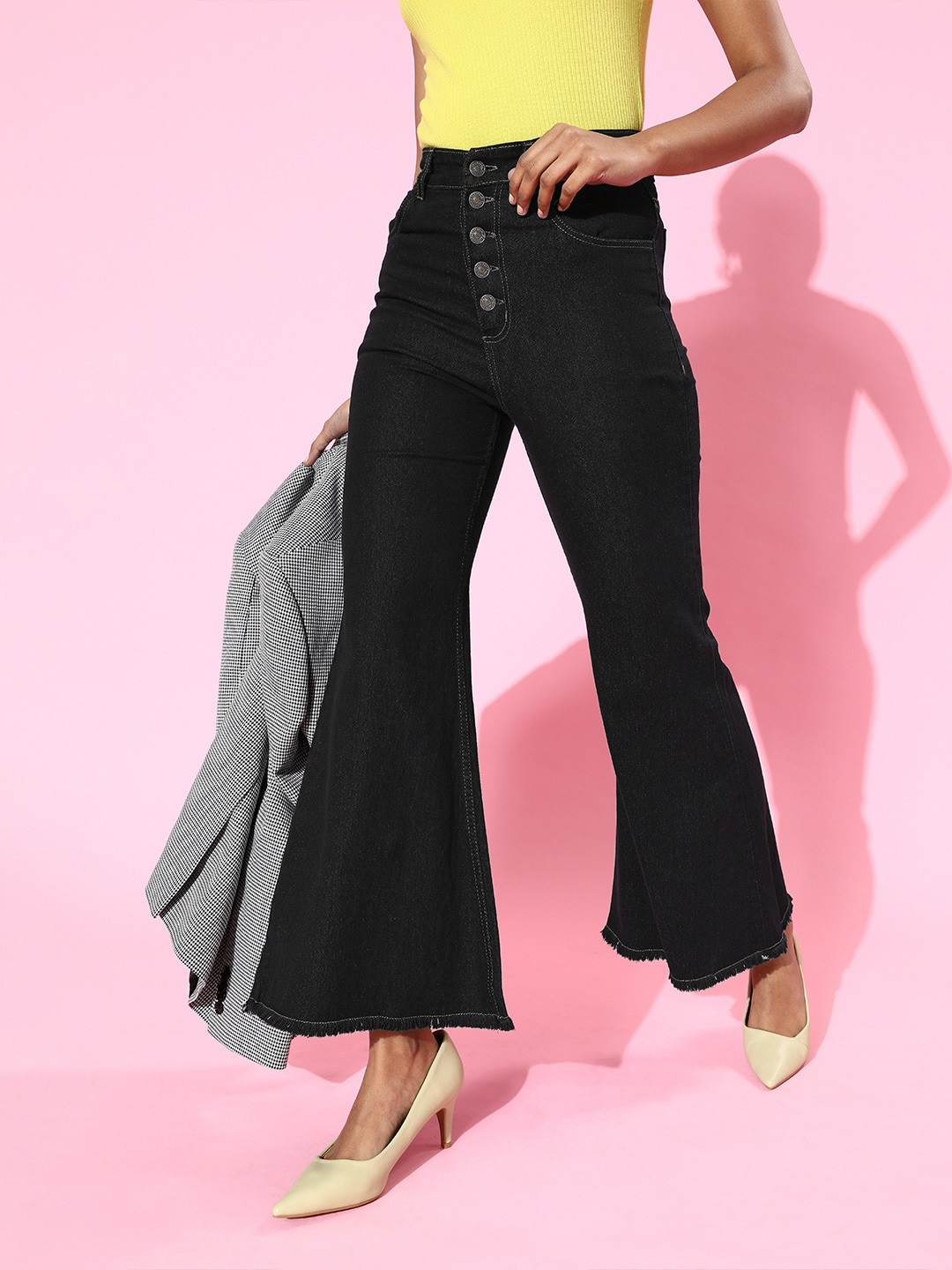 SASSAFRAS Women Black Wide Leg High-Rise Jeans