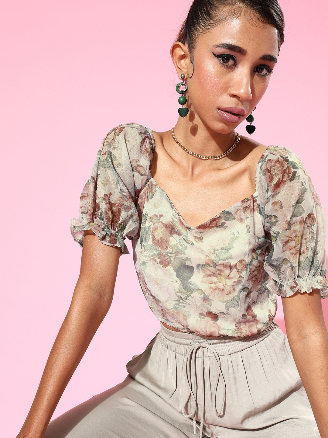 SASSAFRAS Women Classy Beige Floral Top
