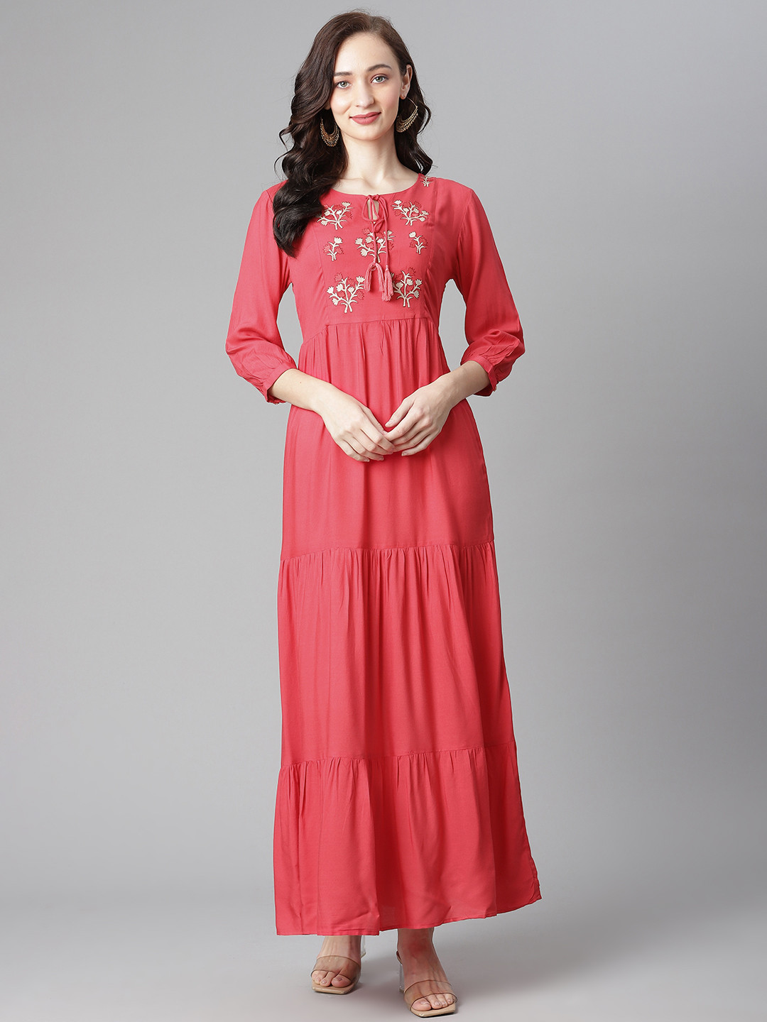 Poshak Hub Women Pink Pure Cotton Yoke Design Tiering Kurta