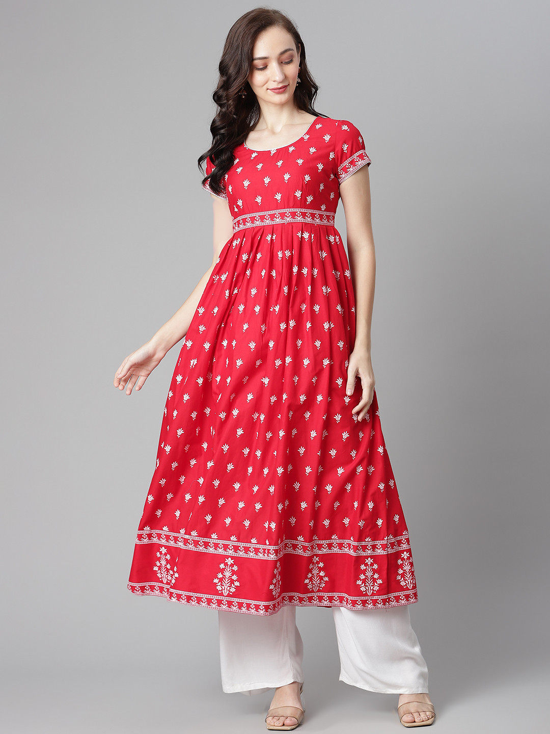Poshak Hub Women Red & White Ethnic Motifs Printed Pure Cotton Kurta