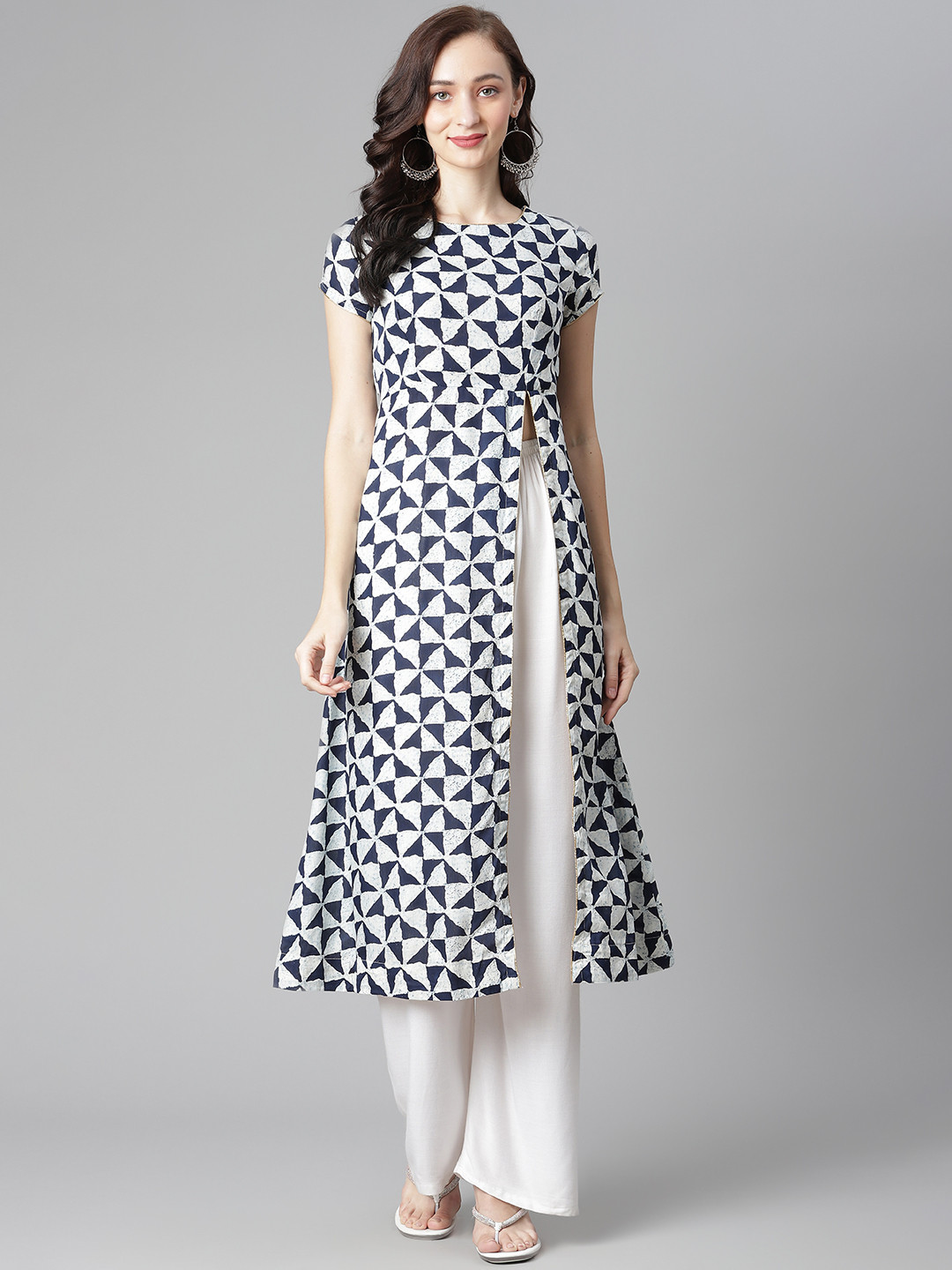Poshak Hub Women White & Navy Blue Geometric Printed Front Slit Indigo Kurta