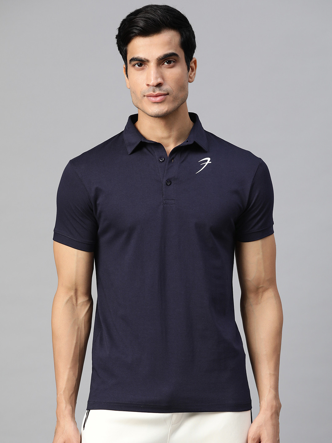 FUAARK Men Navy Blue Polo Collar Slim Fit Training or Gym T-shirt