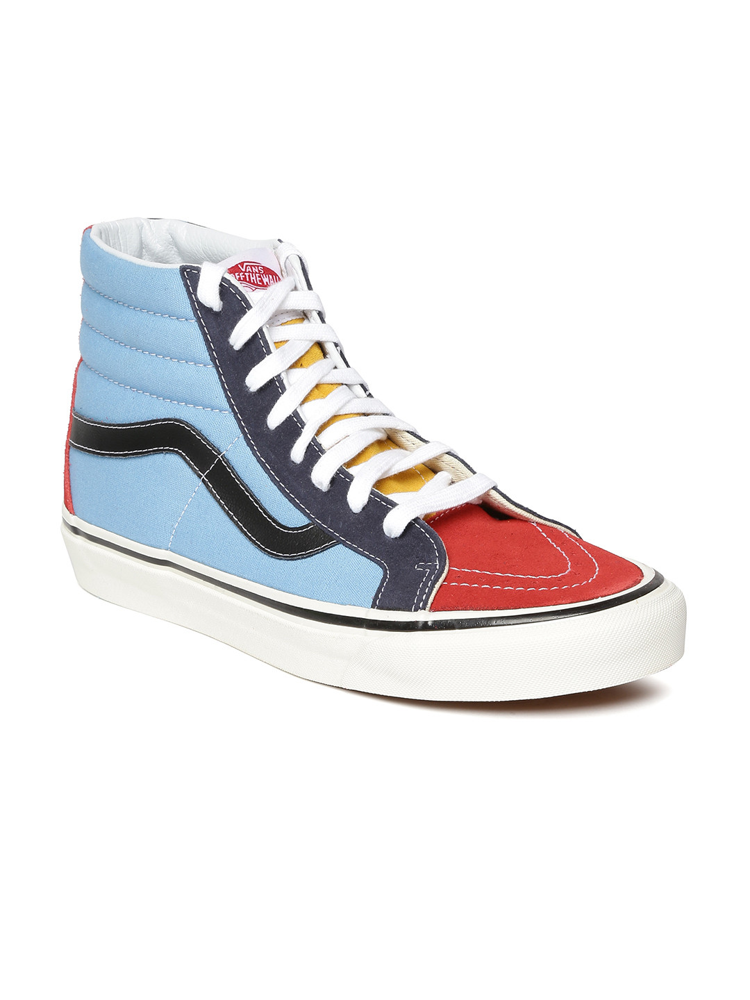 red and blue vans high tops