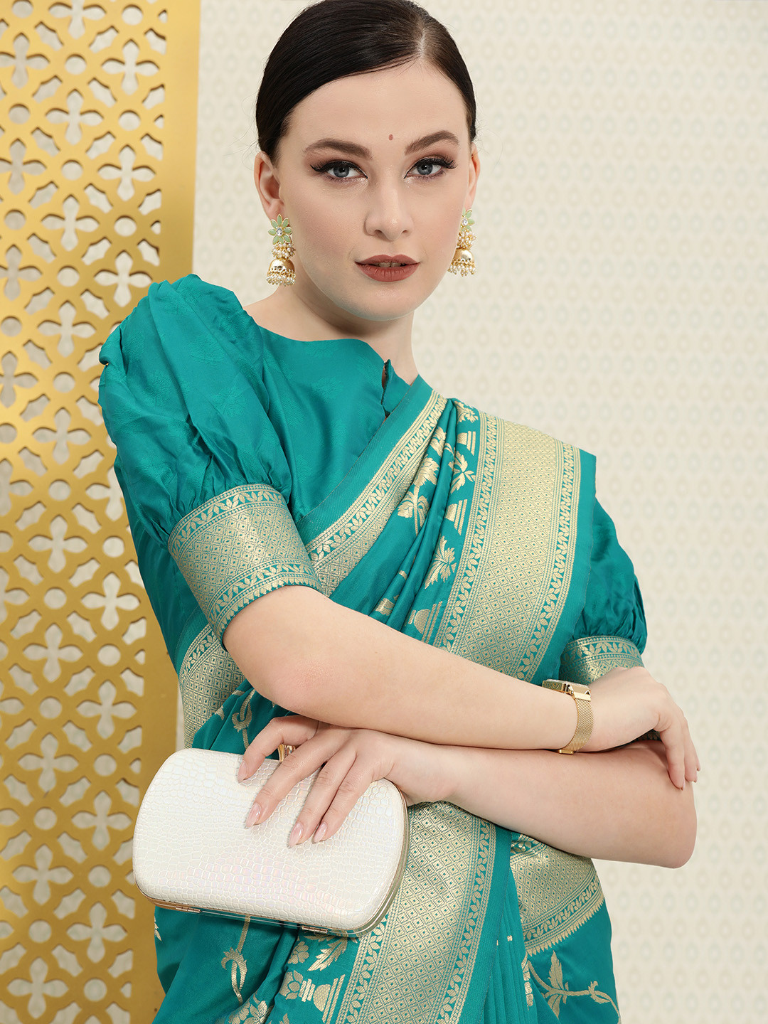 House of Pataudi Turquoise Blue & Gold-Toned Floral Zari Silk Blend Banarasi Saree