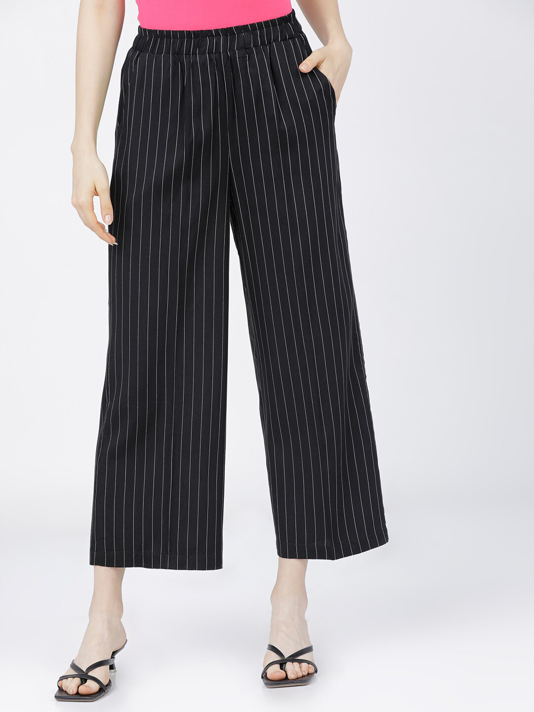 Tokyo Talkies Women Black Striped Slim Fit Culottes Trousers