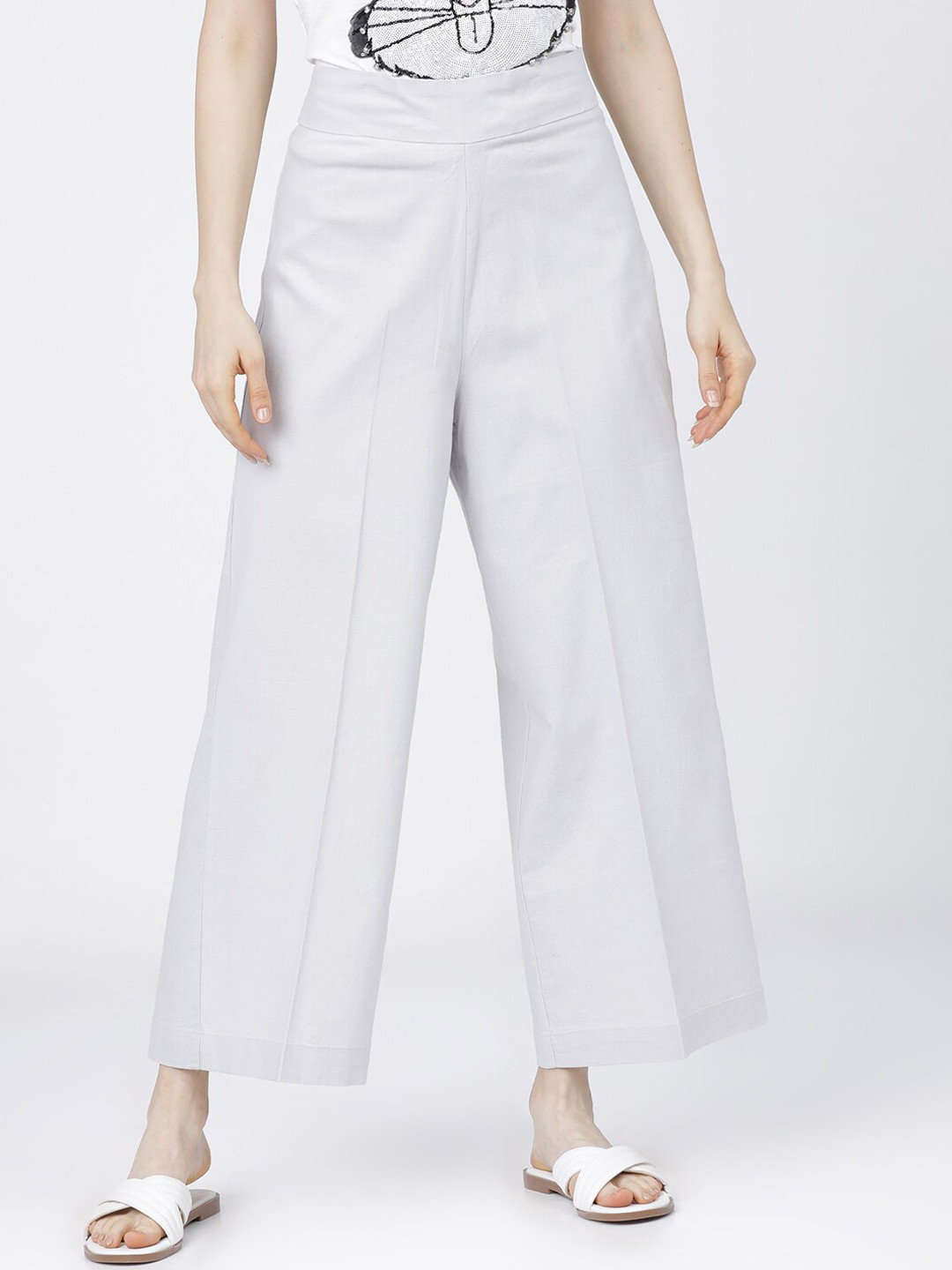 Tokyo Talkies Women Grey Flared High-Rise Parallel Wide Leg Trousers