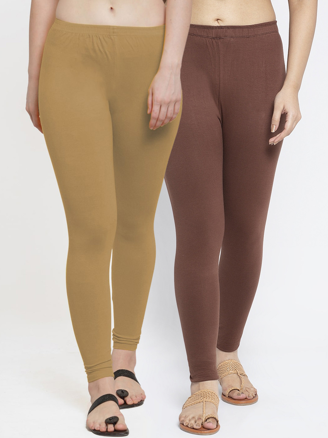 GRACIT Set of 2 Brown & Beige Solid Cotton Ankle Length Leggings