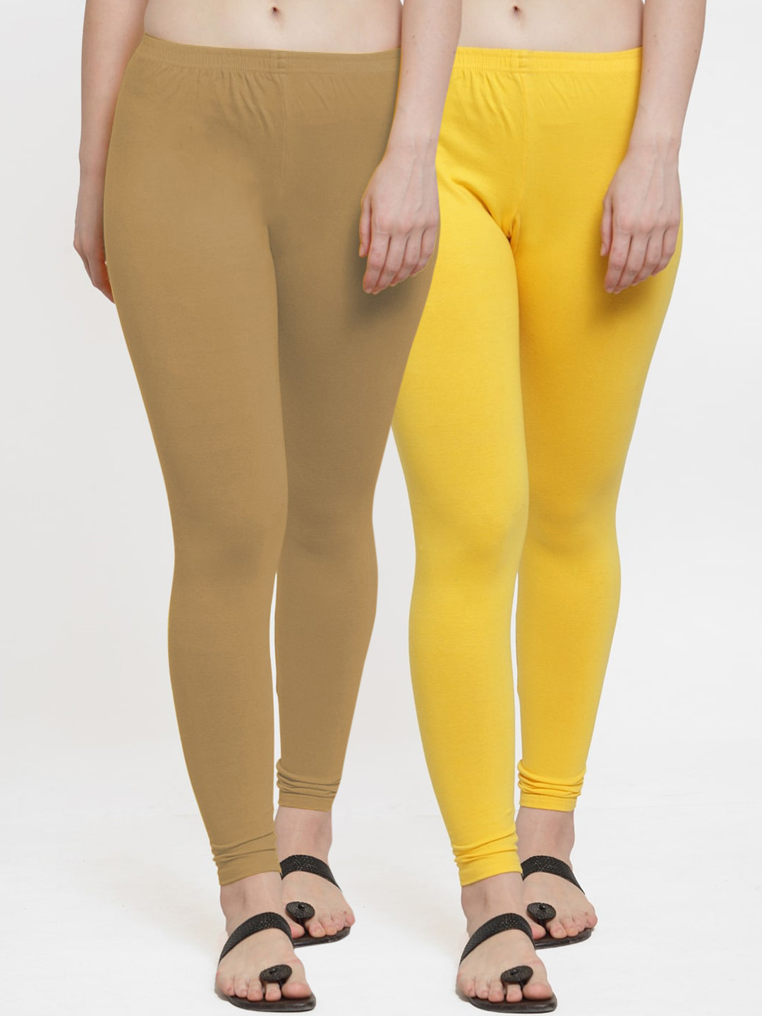 GracIt Women Yellow & Skin Dark Cotton Lycra Ankle Length Leggings- Pack of 2