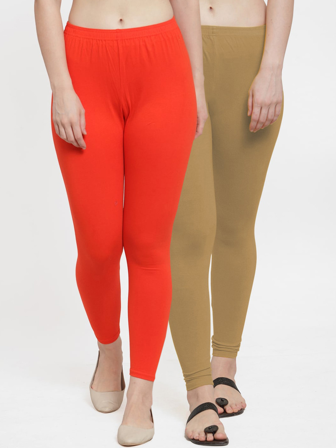 Gracit Women Pack of 2 Orange & Beige Solid Ankle Length Cotton Leggings
