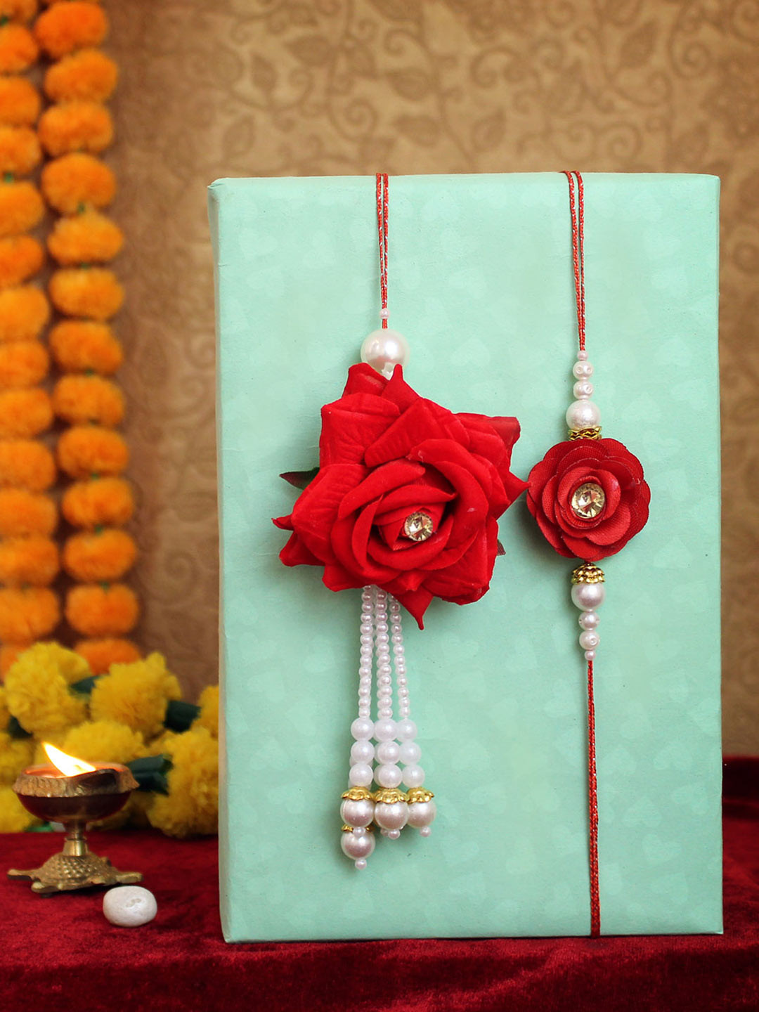 TIED RIBBONS Multicoloured Bhaiya Bhabi Lumba Rakhis with Roli Chawal Gift Pack