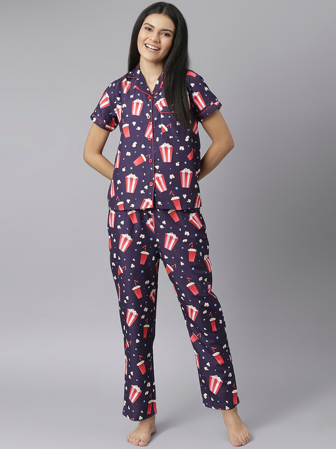 StyleStone Women Navy Blue & Red Popcorn Digital Printed Night Suit