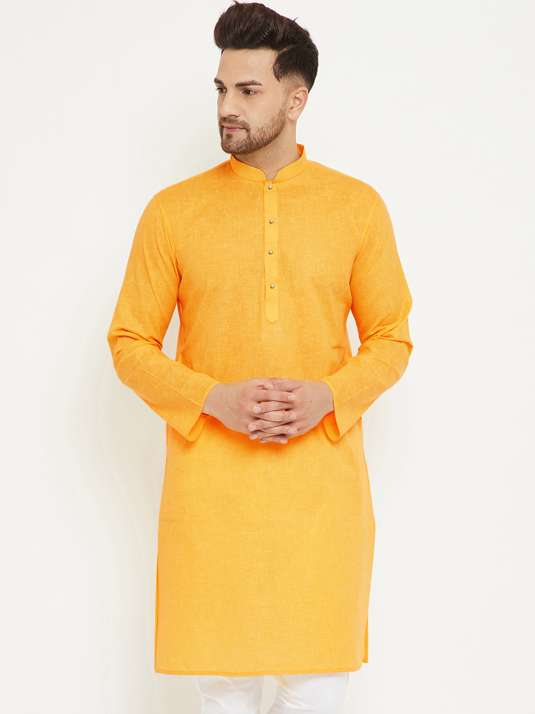 VASTRAMAY Men Yellow Cotton Blend Straight Kurta