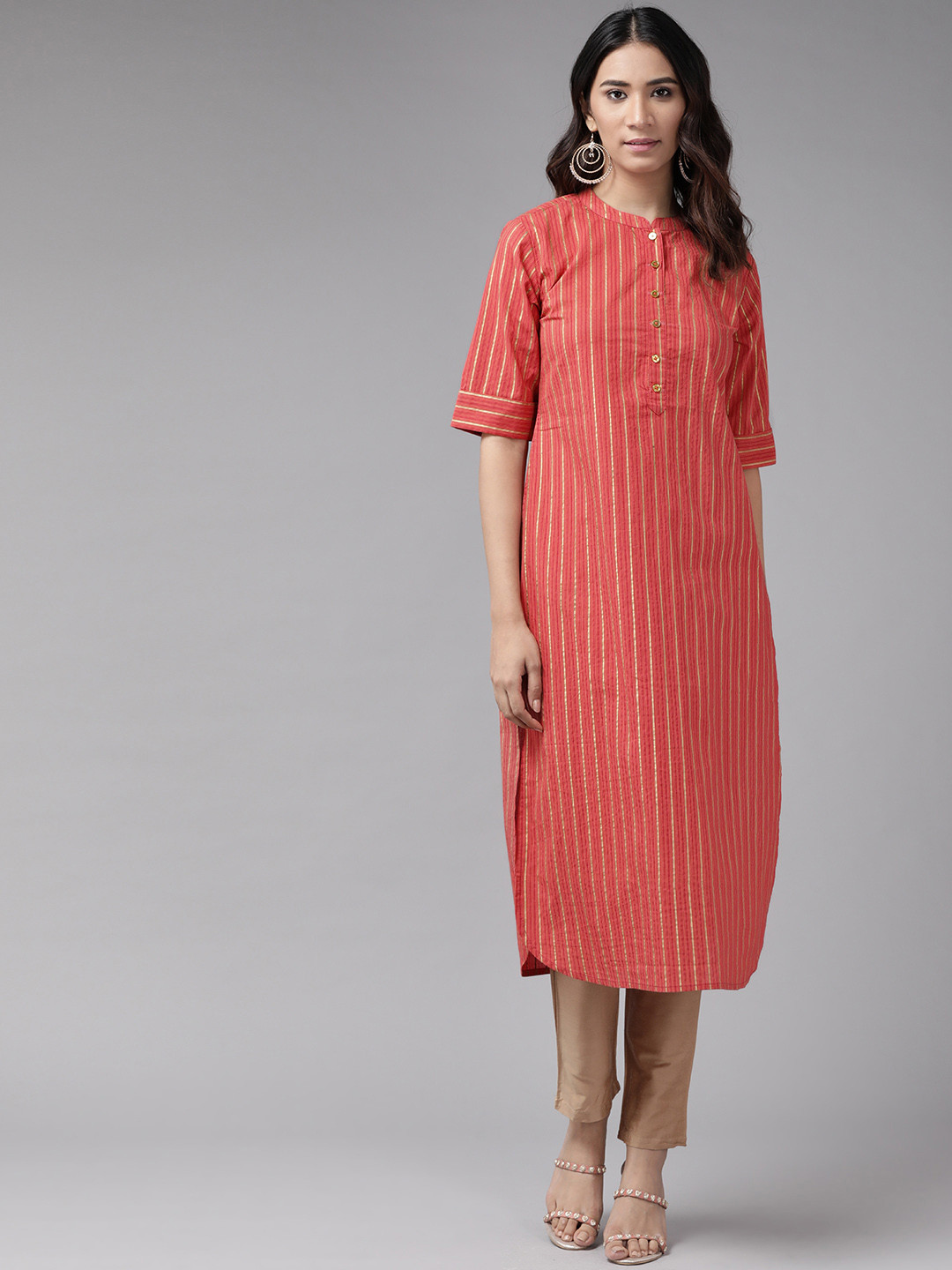 YASH GALLERY Women Coral Orange & Golden Striped Kurta