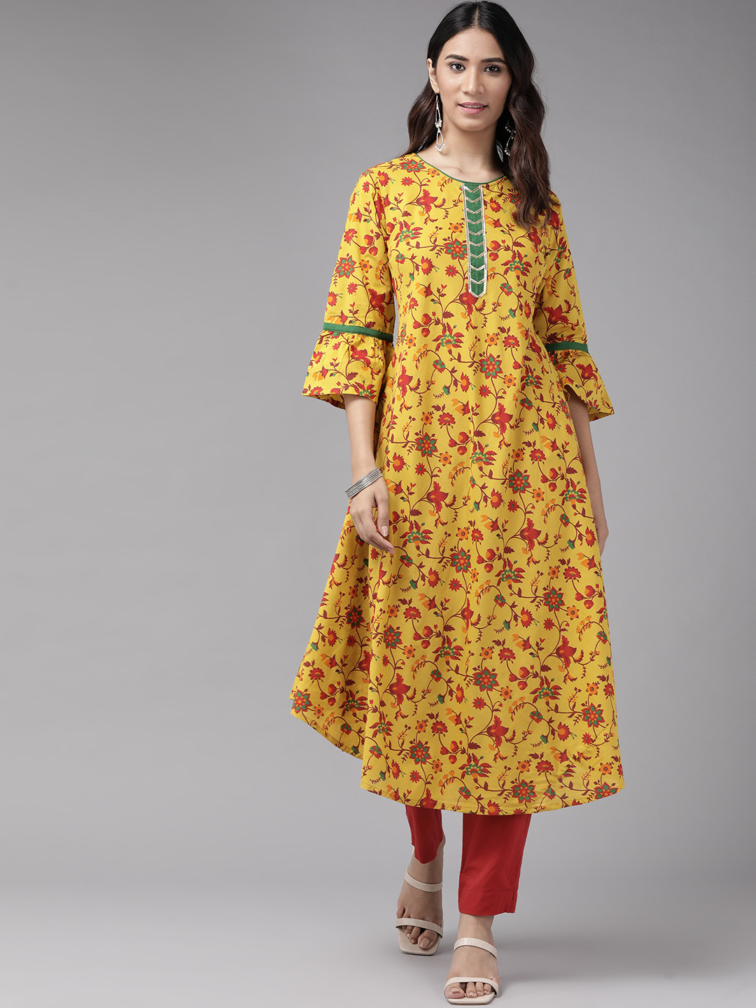 YASH GALLERY Women Mustard Yellow & Red Ethnic Motifs Printed Bell Sleeves Gotta Patti Kurta