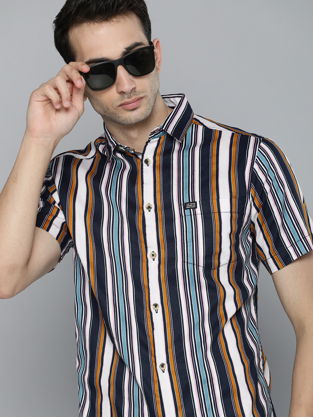 The Indian Garage Co Men Navy Blue & White Slim Fit Multi Stripes Striped Casual Shirt