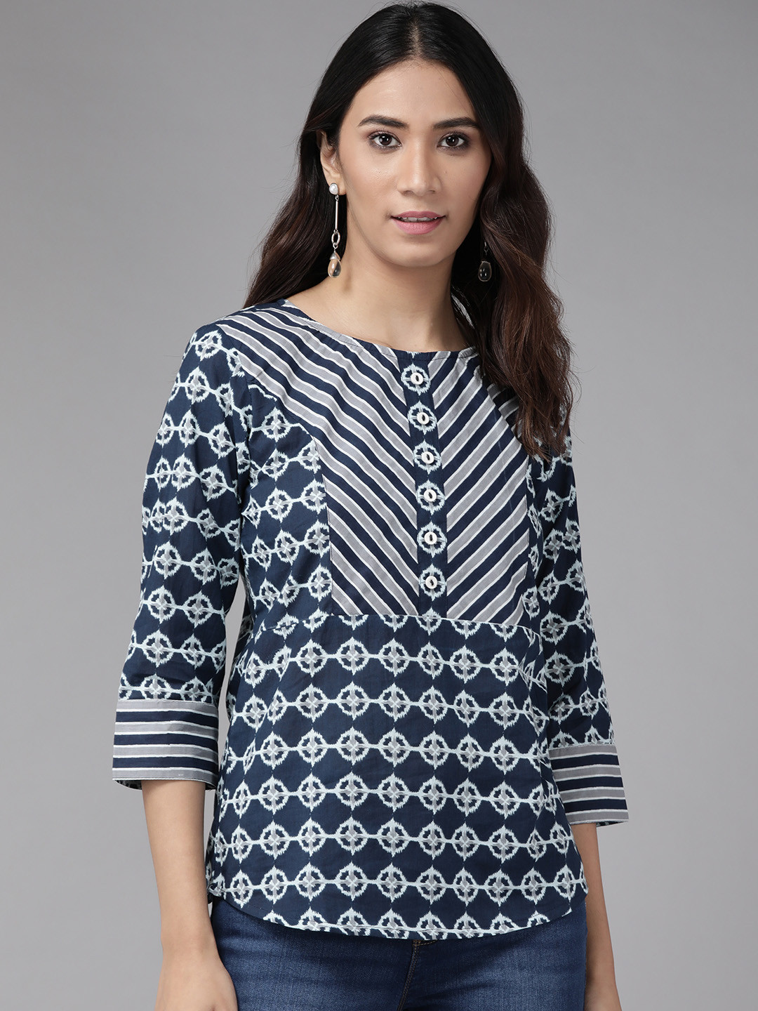 YASH GALLERY Navy Blue & White Printed Top