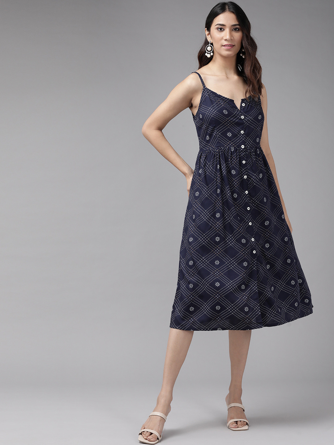YASH GALLERY Women Navy Blue & White Ethnic Motifs A-Line Midi Dress