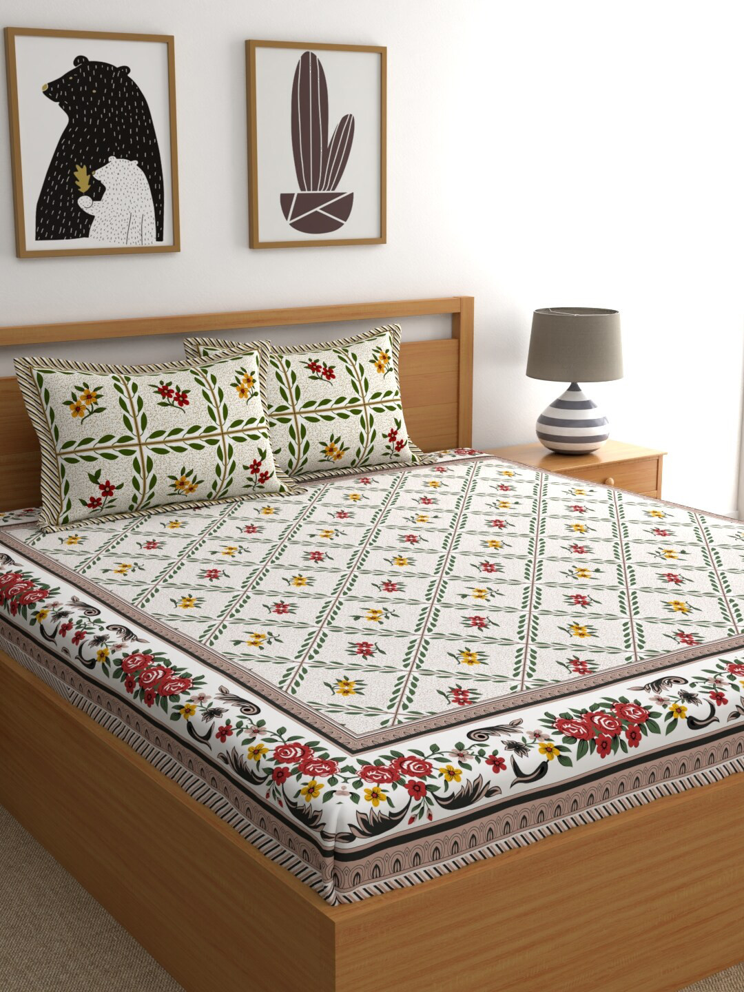 LA VERNE Jaipuri Cream Floral Cotton Breathable 104 TC Queen Coarse Bedsheet with 2 Pillow Covers-93 x 83 inches