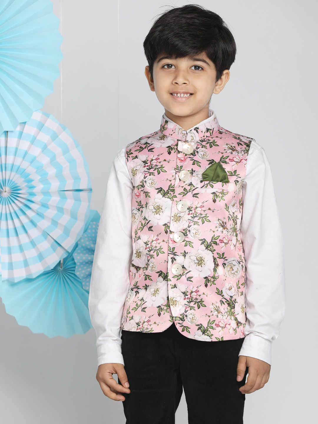 VASTRAMAY Boys Pink & Green Floral Digital Printed Slim-Fit Nehru Jacket