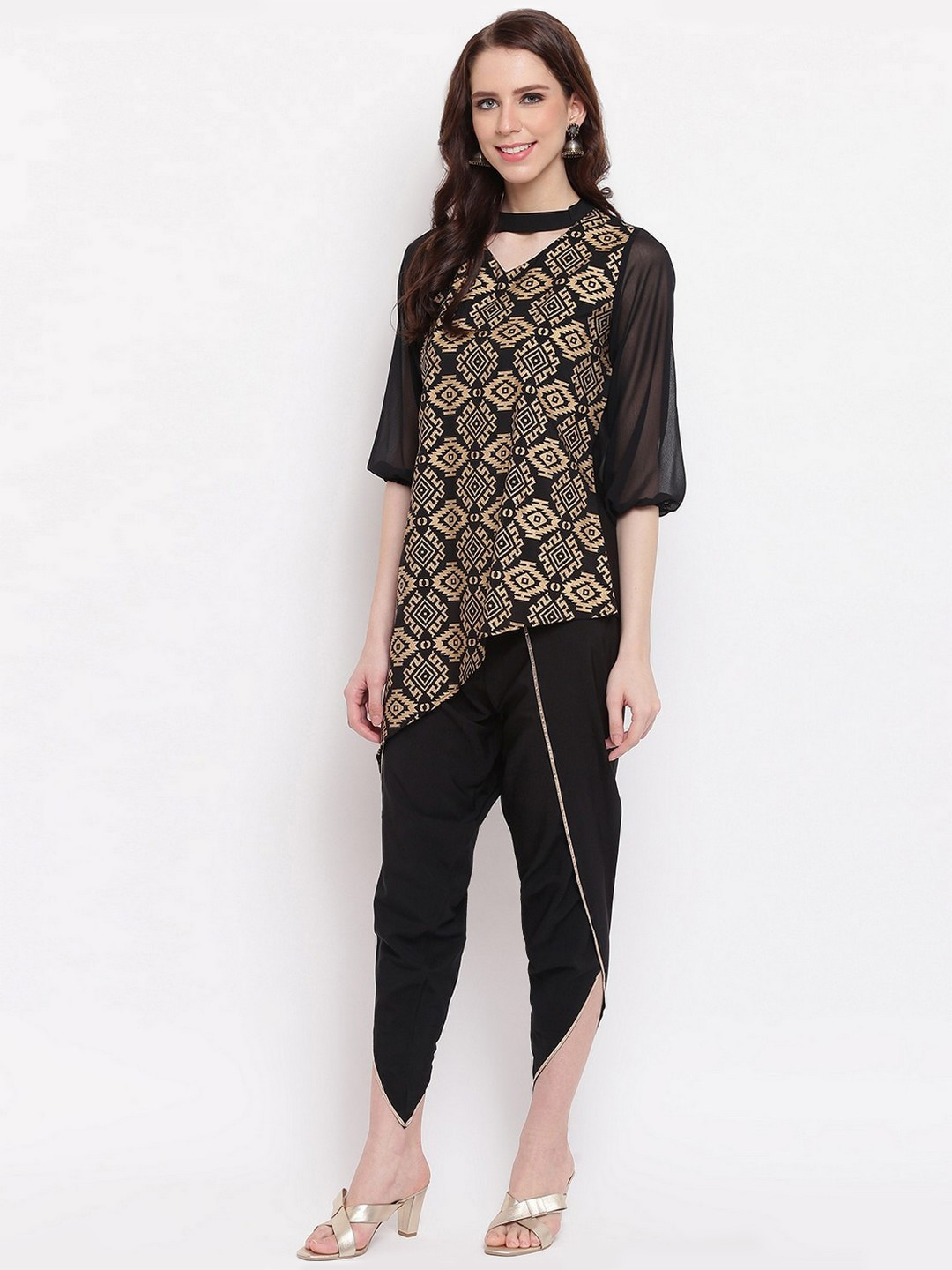 RIVI Women Black Printed Kurti with Dhoti Pants