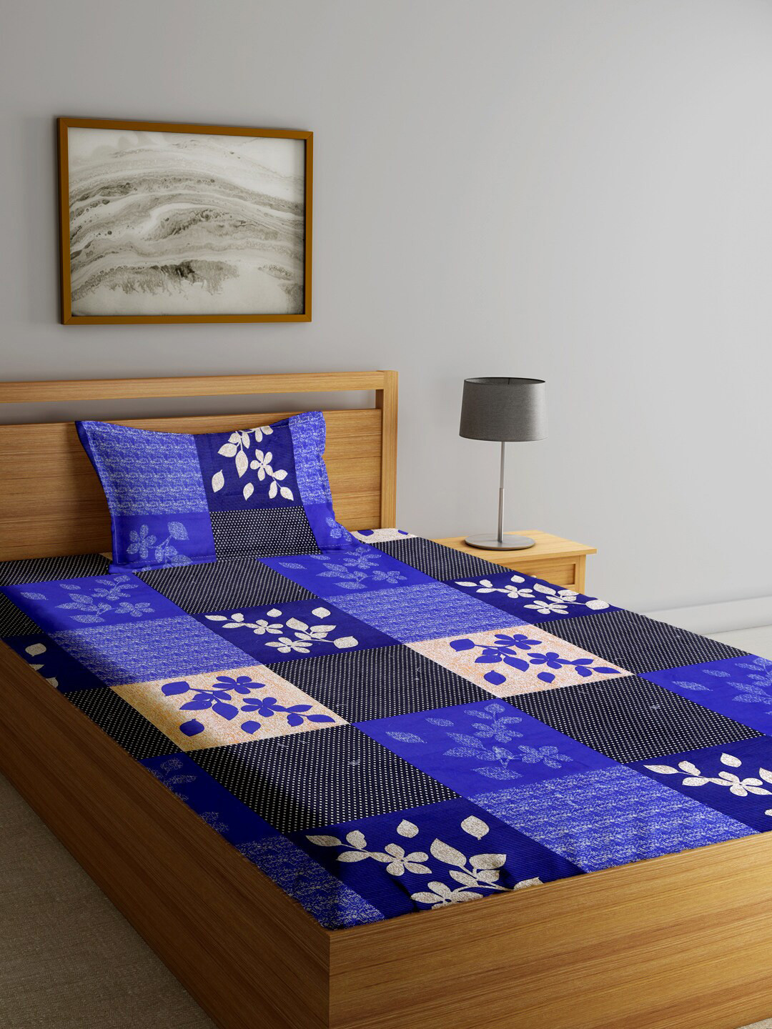 Fashion String Blue Floral Polyester 144 TC Single Bedsheet with a Pillow Cover-85 x 55 inches