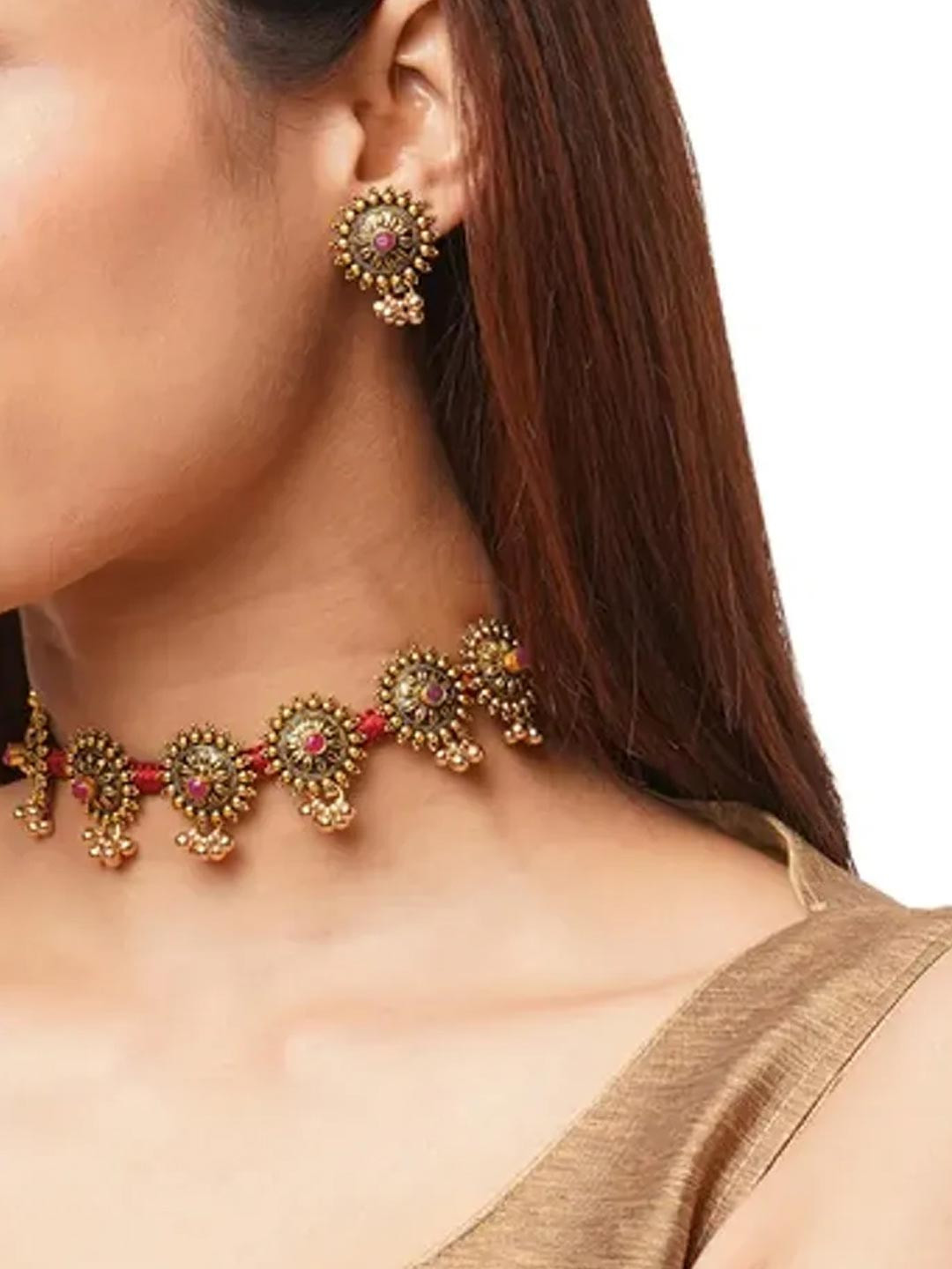 Binnis Wardrobe Red & Gold-Toned German Silver Antique Choker Jewellery Set