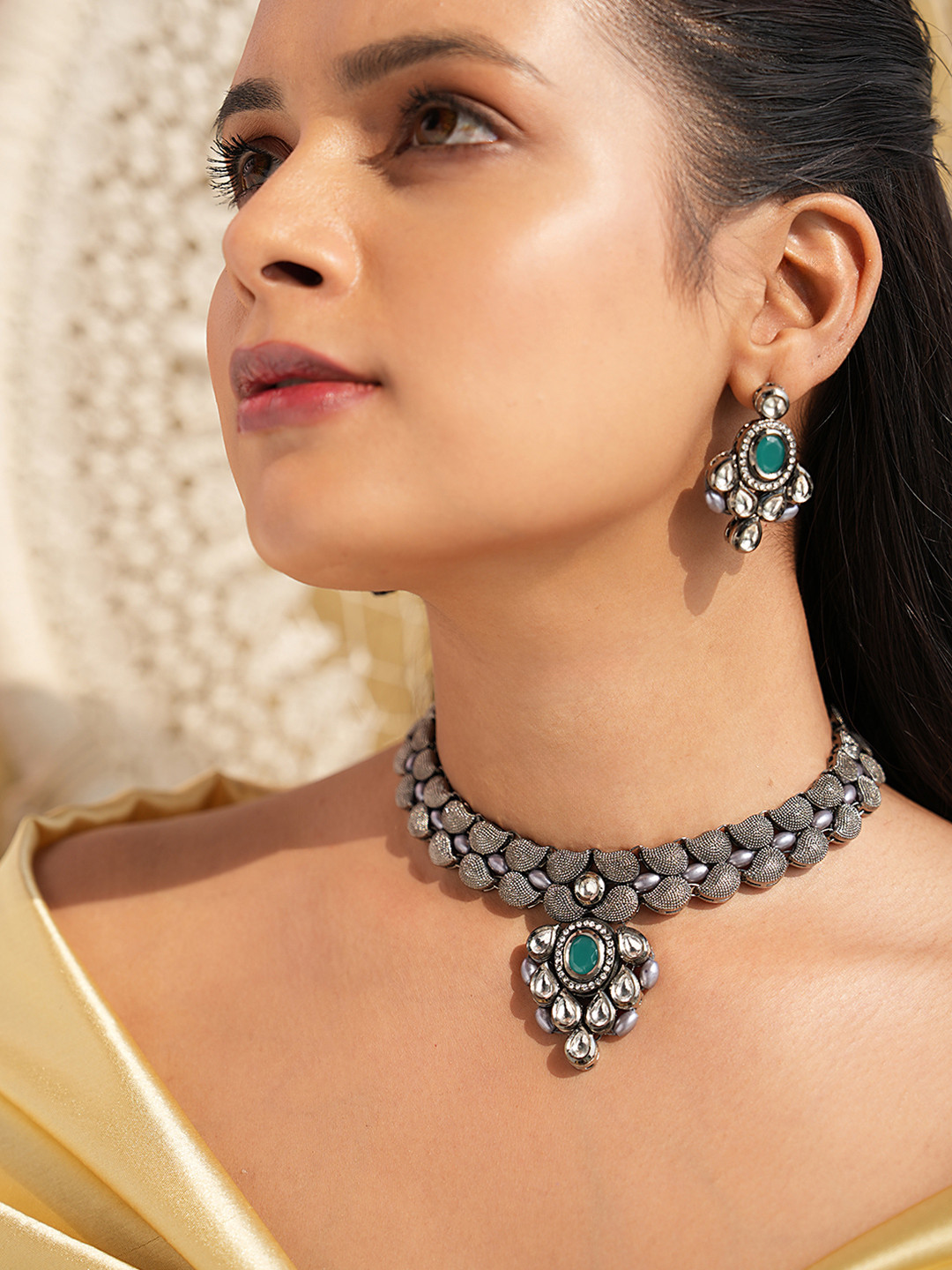 Binnis Wardrobe Set of Silver-Toned & Green German Silver Oxidised Jewellery Set