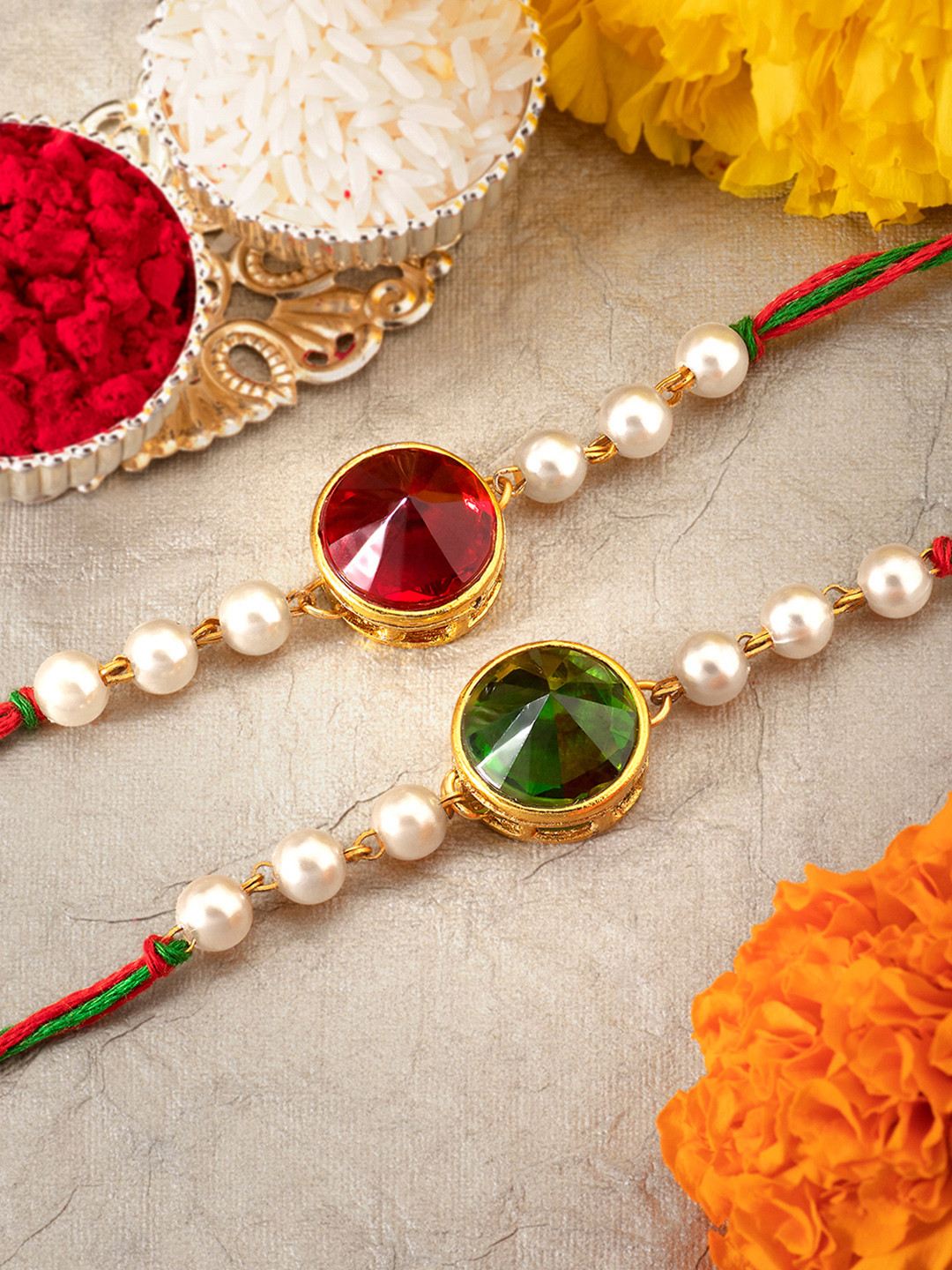 Peora Set of 2 Handmade Kundan Rakhi with Raksha Bandhan Greeting Card & Roli Chawal