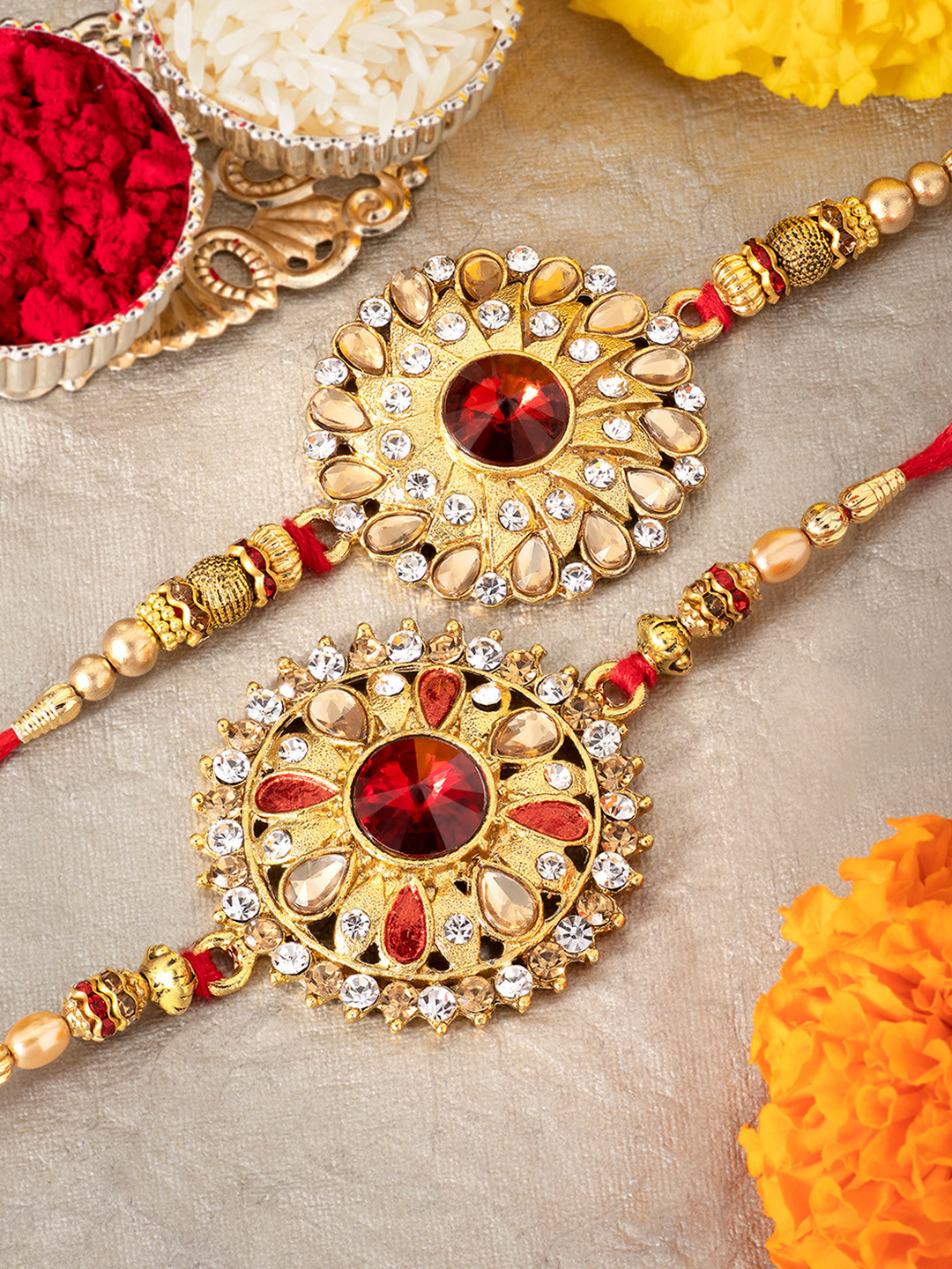 Peora Set of 2 Stones Studded Thread Rakhi with Raksha Bandhan Greeting Card & Roli Chawal