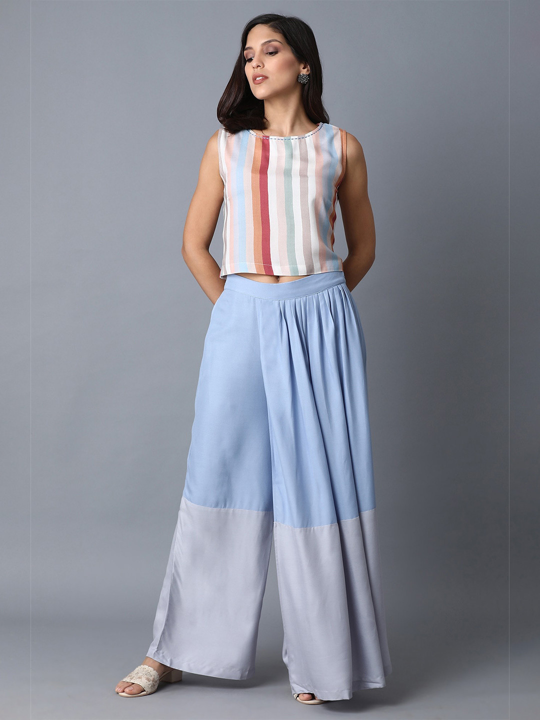 W Women Blue & White Striped Top with Trousers