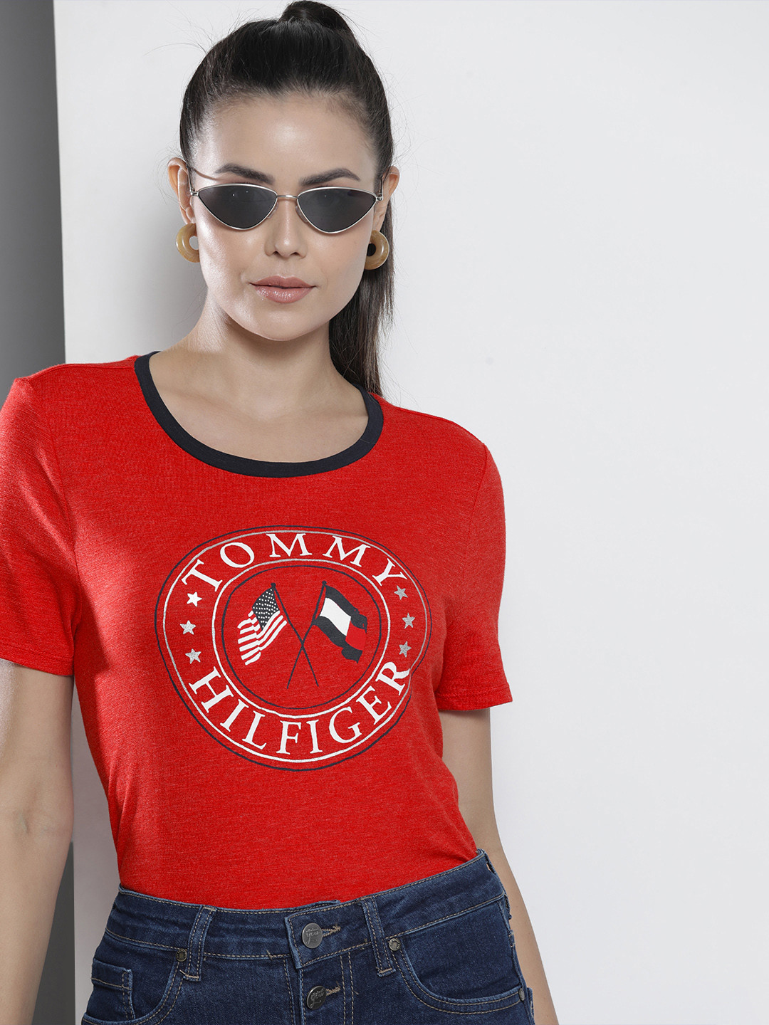 Tommy Hilfiger Women Red & White Typography Printed T-shirt