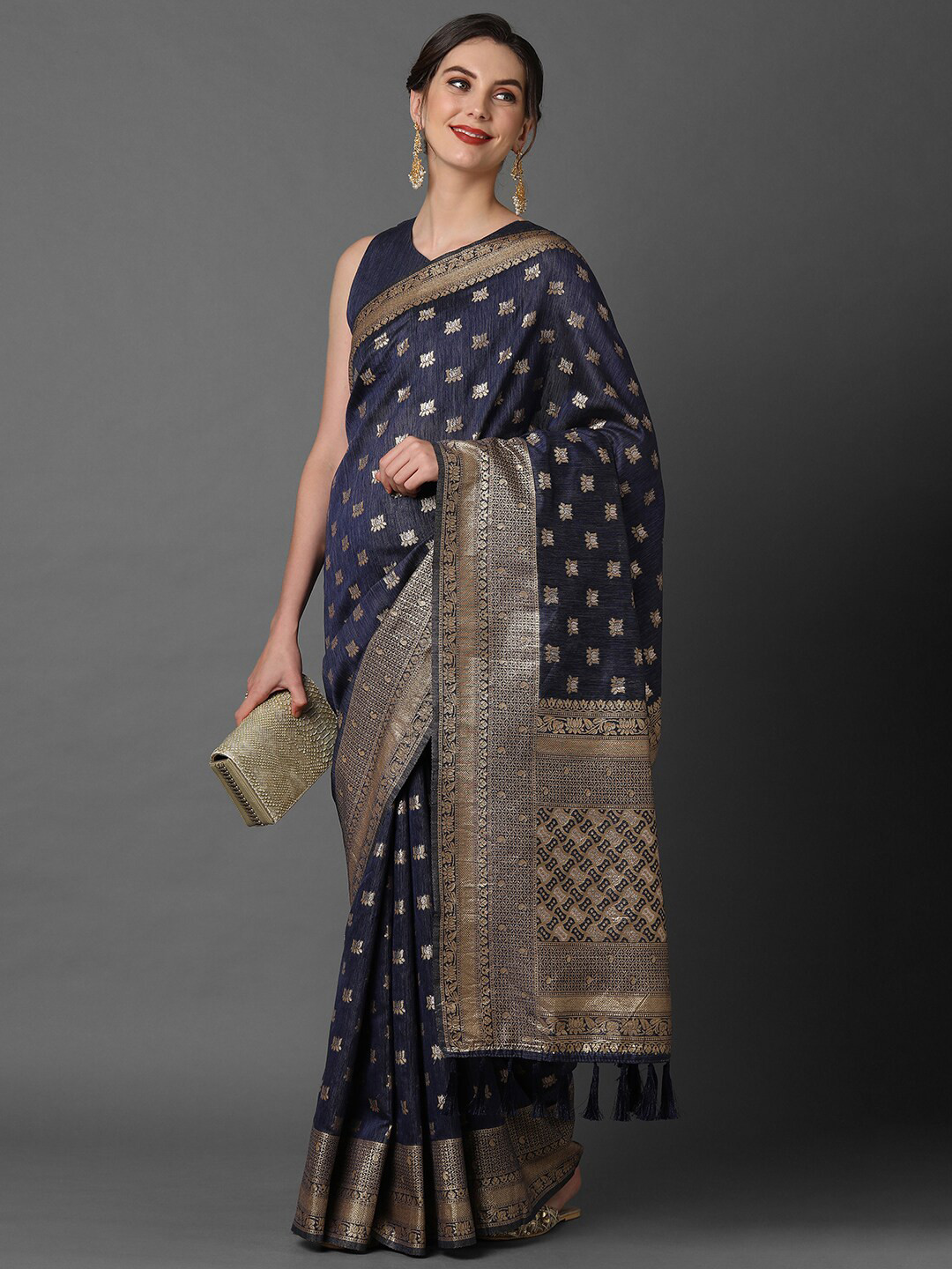 Mitera Navy Blue & Copper-Toned Floral Silk Blend Banarasi Saree