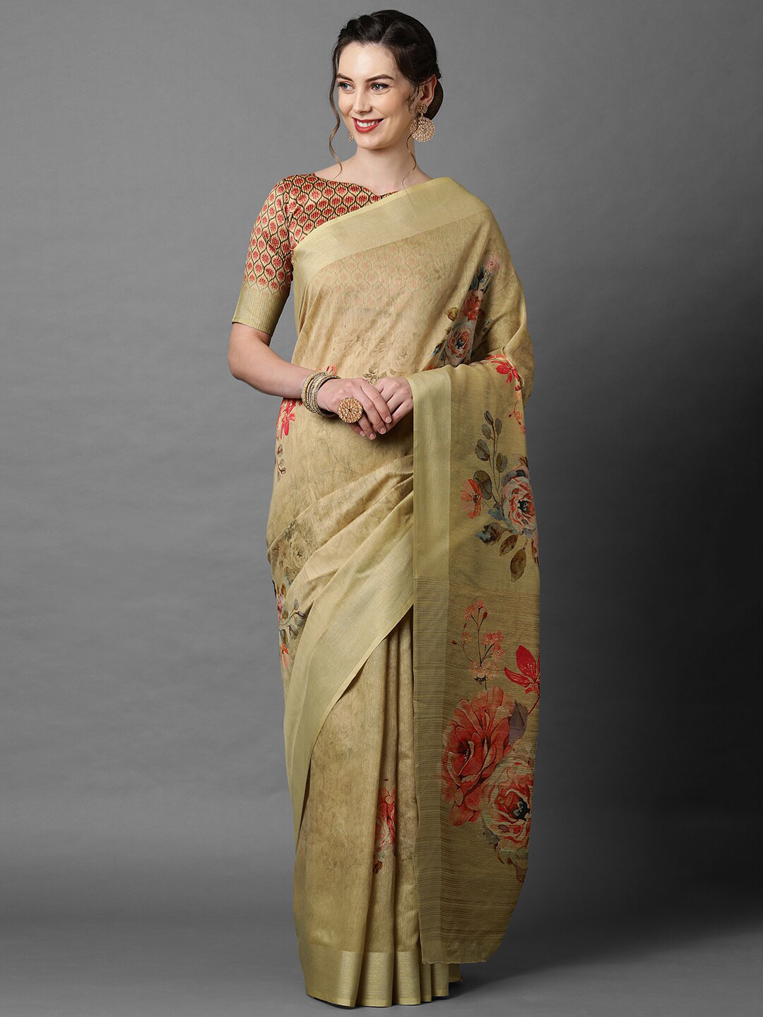 Mitera Cotton Blend Beige Floral Printed Saree