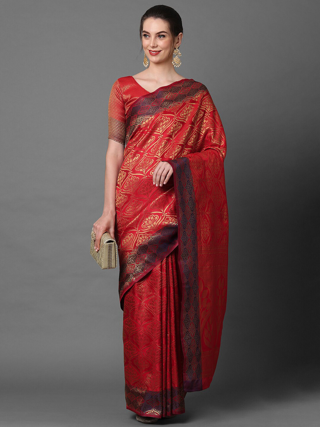 Mitera Red Satin Banarasi Woven Design Saree