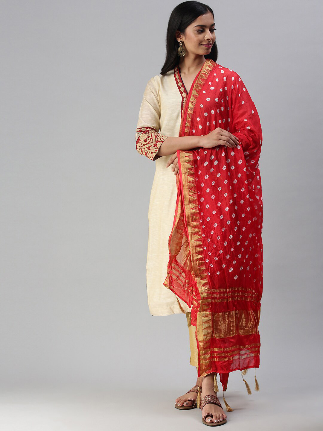 Soch Red & Golden Printed Art Silk Dupatta