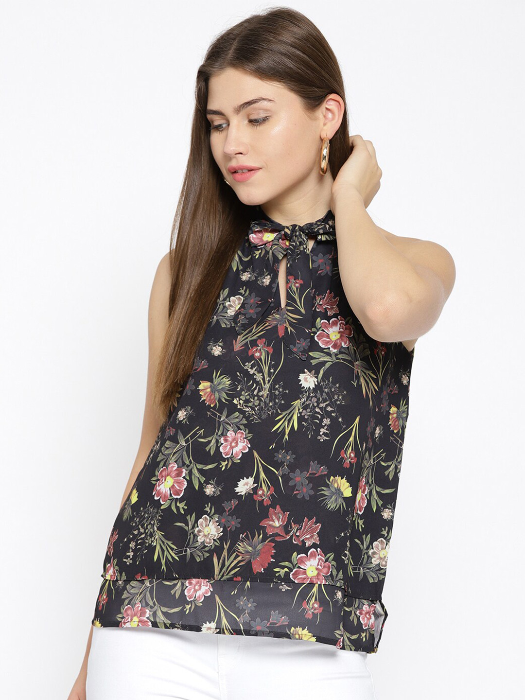 Xpose Women Black Floral Tie-Up Neck Layered Top