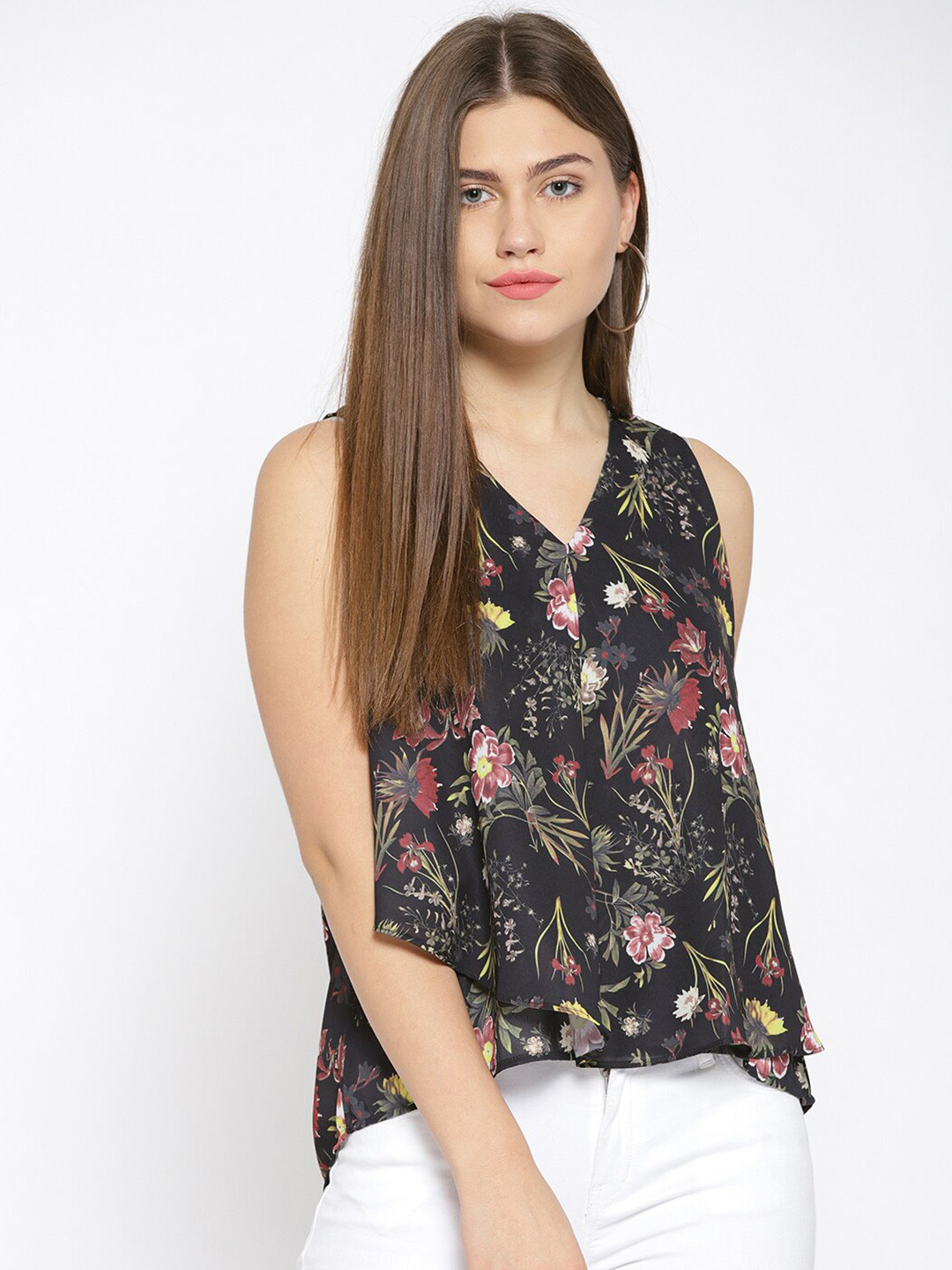 Xpose Black Women Floral Printed A Line Top
