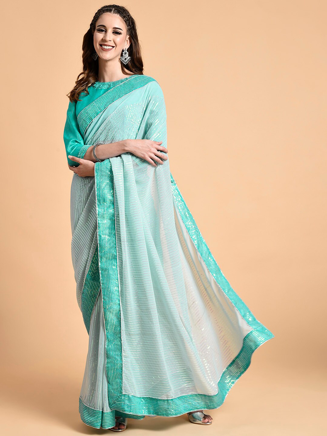 Sangria Sea Green Striped Sequinned Pure Georgette Saree